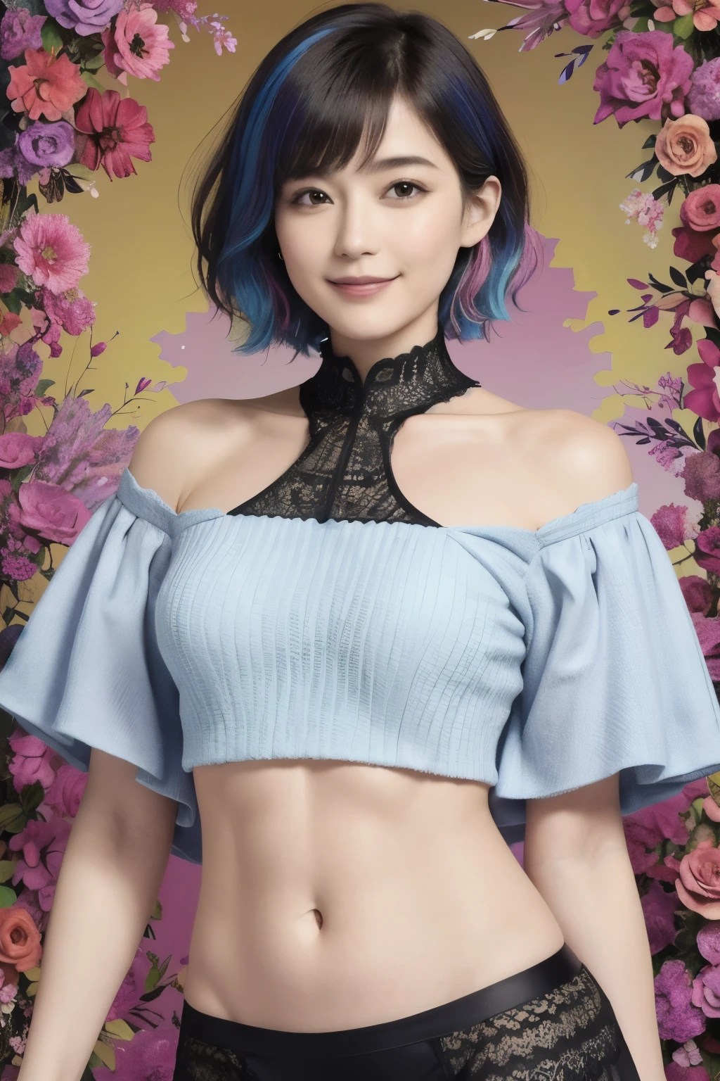 276 (20-year-old woman and man,short hair), Are standing, (beautiful:1.1), (Fractal Art:1.2), (Advanced backgrounds), (Many colors:1.4), (Old-fashioned smile), Abdominal muscles, flower