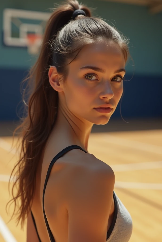 An nude 18 American girl on an indoor basketball court. Medium shot. Brown hair. Ponytail. Frowning. Looking at viewer. Big breasts.