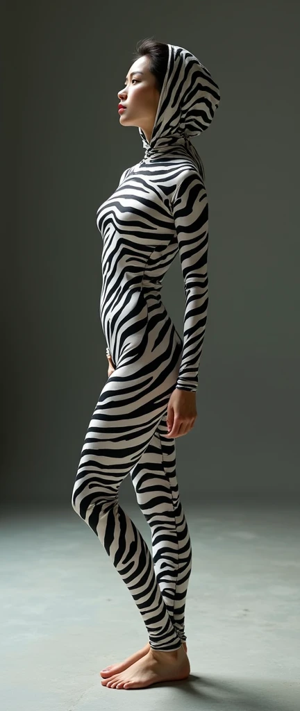 The most beautiful,thin,most pretty and clever Chinese contortion adult girl wears zebra print lycra turtleneck unitard catsuit covered with many stripes.She always wear zebra print lycra dancewear hijab-like zentai hood covered with many stripes.




