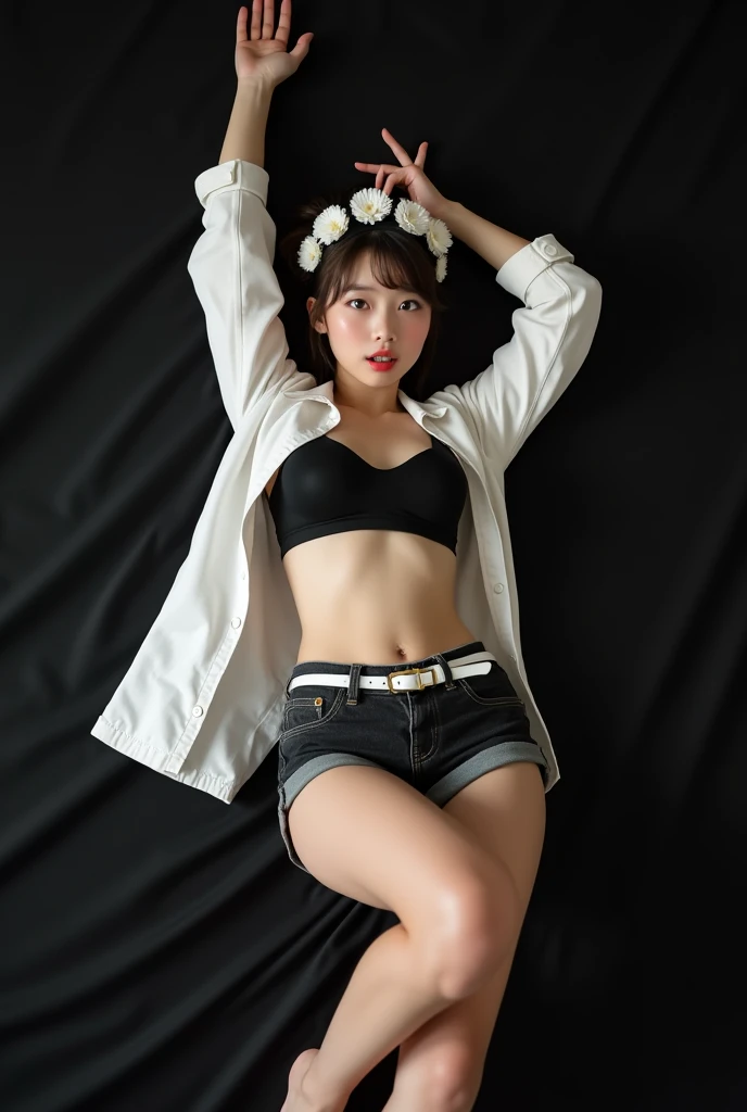 Real photo of a beautiful white-skinned Japanese belly dancer girl lying on a black bed , Her entire body faces the camera, kedua lengannya lurus keatas dan kedua kakinya lurus ke bawAh,mengenakan bra olAhraga pendek Adidas berwarna hitam bermotif bunga putih  dan celana jeans pendek sampai pAha berwarna hitam, wearing a white jacket, pAha mulus, small navel, wearing white glasses, wearing a white belt on his pants , wearing a white flower headband, his gaze looks into the camera, area sekitar bawAh pusar yang luas, ekspresi wajAh seksual, dengan mata  tertutup dan pipi memerAh dan mulut mengatakan "Ah", furrowing her brow  

