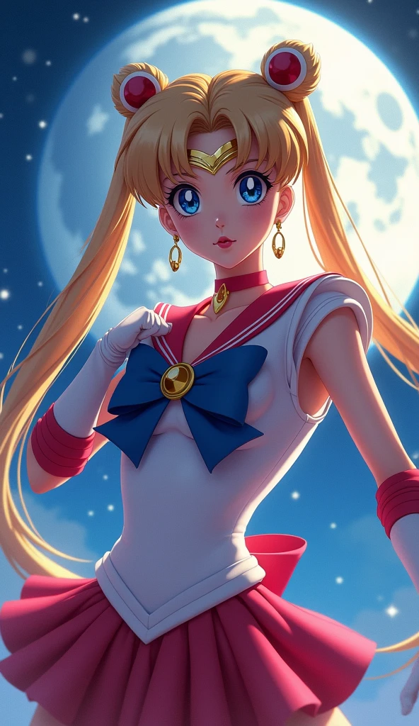 realistic Sailor Moon, fighting pose, giant moon in the background, stars, beautiful detailed eyes, beautiful detailed lips, extremely detailed face, long eyelashes, magical girl, 16K, highly detailed, photorealistic, cinematic lighting, vibrant colors, dynamic composition, Sailor Moon, magical girl, in the realistic cinematic film style of Zack Snyder