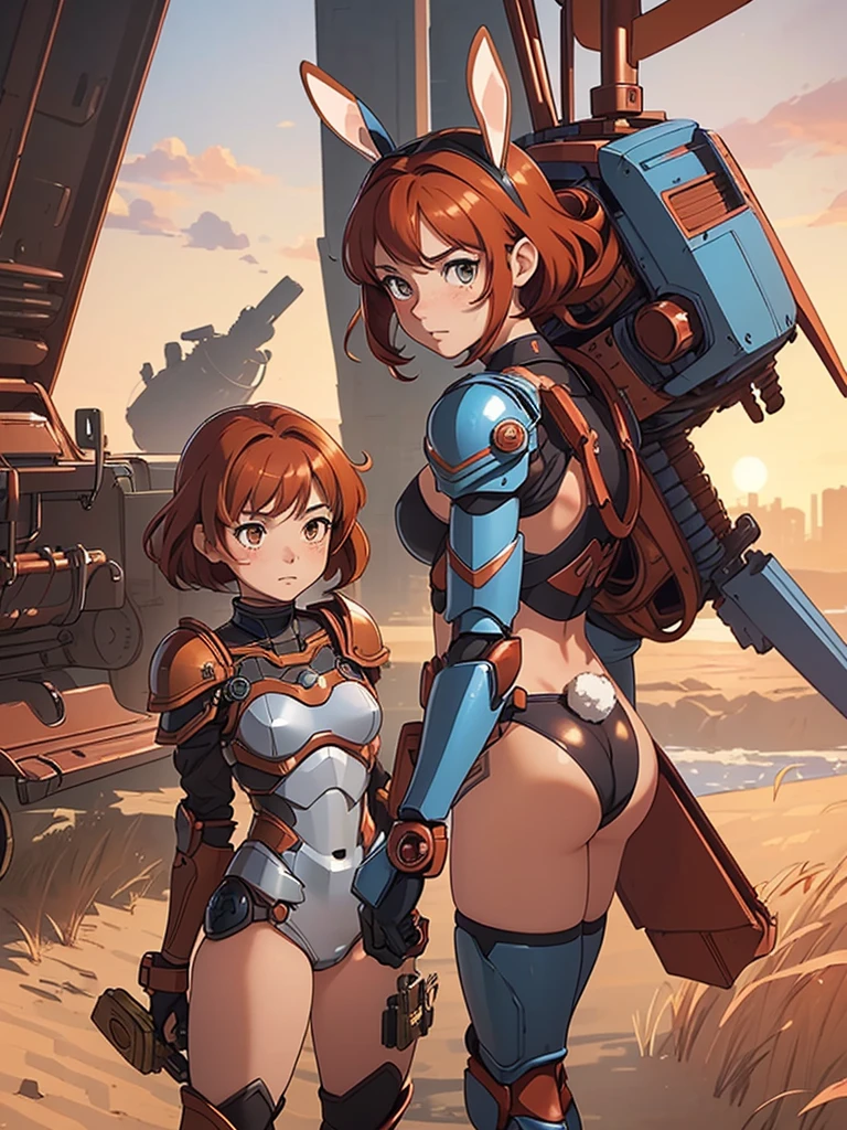 (masterpiece), (best quality), ((one girl)),((red copper hair)),(brown eyes),short hair, curly hair, anime style, freckles, (small breast), (petite figure), legs,(blue mecha armor) (full body armor),(full leg armor),(almond eyes),(tan skin), ((bunny mask))