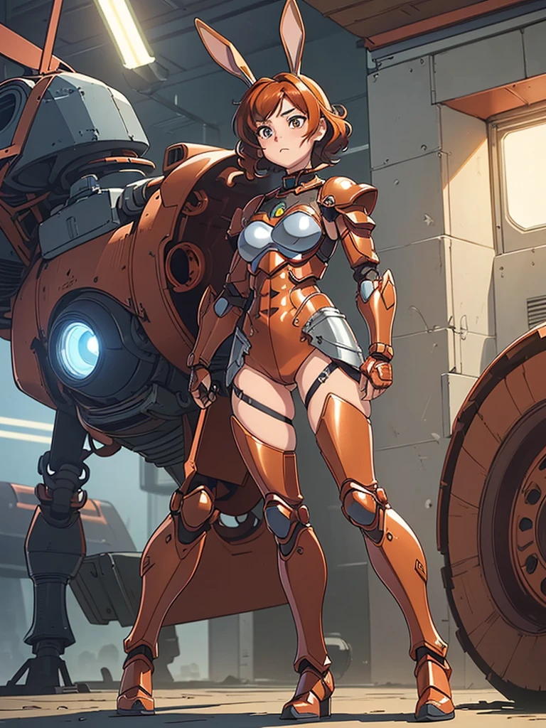 (masterpiece), (best quality), ((one girl)),((red copper hair)),(brown eyes),short hair, curly hair, anime style, freckles, (small breast), (petite figure), legs,(blue mecha armor) (full body armor),(full leg armor),(almond eyes),(tan skin), ((bunny mask)) 