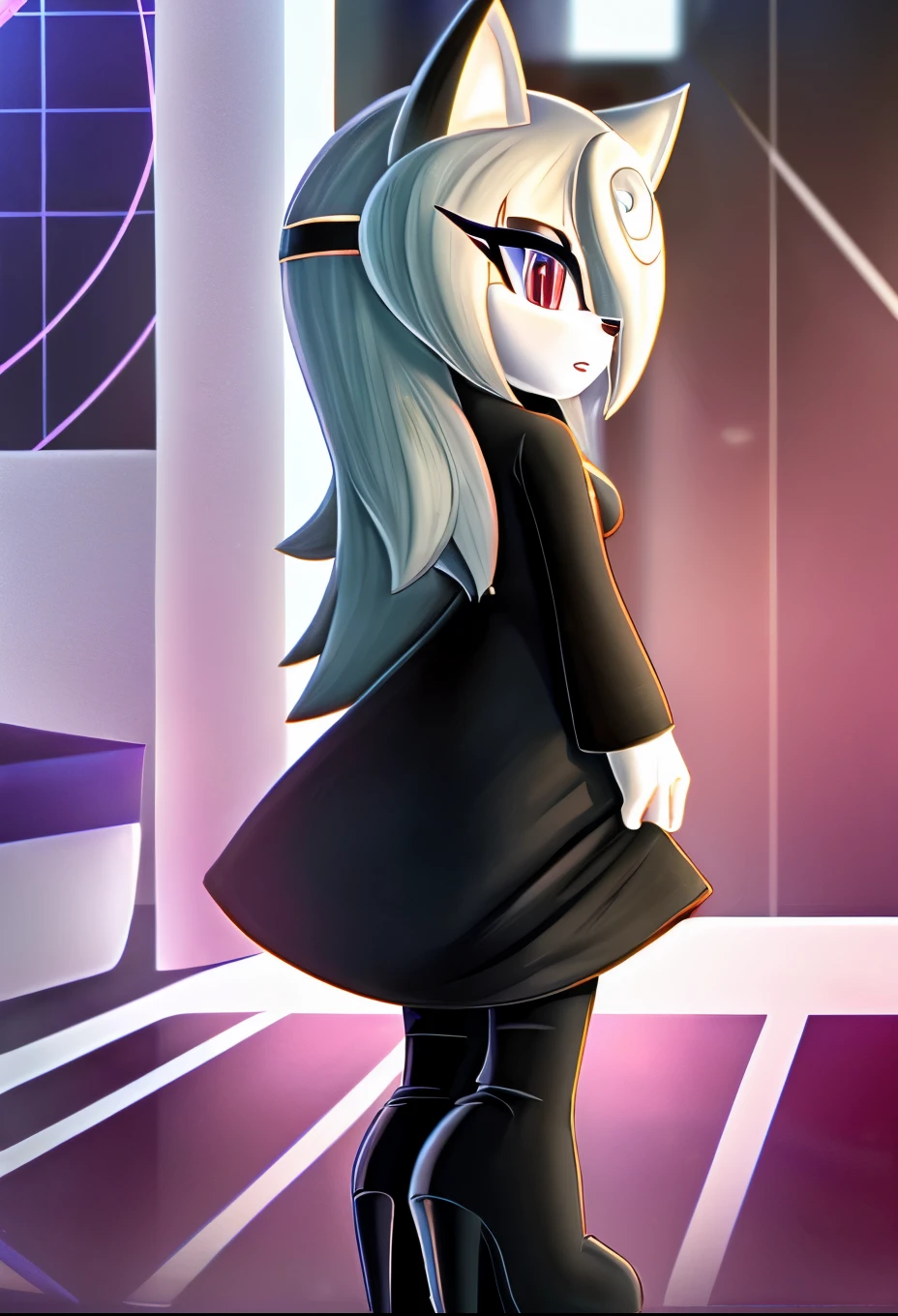 sageai, female, Female Kitsune, ((Sage as a Mobian Kitsune)), white fur, fox ears, ((long hair)), ((lower back length hair)), white hair, multicolored hair, hair over one eye, red eyes, (fox tail), more than 1 tail, ((black dress)), (full skirt black dress), ((white zipper-like stripe down center of dress)), standing, blank expression, ((lab background)), medium breasts, (long sleeves), eggmaam styled black dress, eggmaam cosplay, eggmaam uniform, black pants with high heeled boots attached, Eggmaam styled boots, daytime, (mobian), Mobius city, solo, 1girl, 2D,