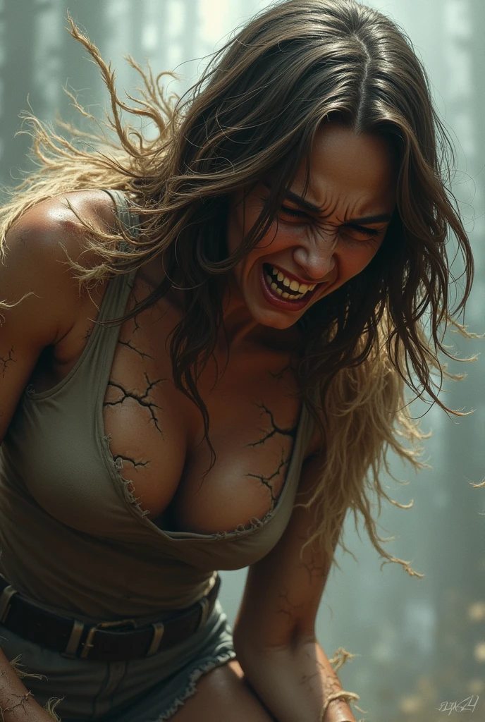 Woman with layered brown hair, Angry,  Her body is cracking and hairs are coming out from inside...how to turn into a werewolf 