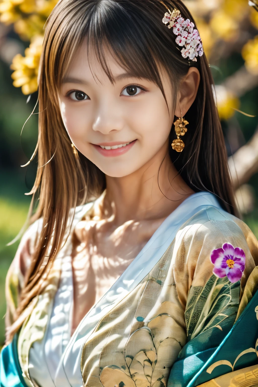 (Masterpiece:1.3), (8K), (Best Quality:1.4), (UHD:1.2), (Photorealistic:1.3),( Raw Photography), (1girl), (Ultra High Detailed), (Detailed face), very perfect beautiful and cute face, (Detailed hair), Beautiful hair, bangs, (symmetrical eyes:1.3), (Detailed eyes), (Detailed skin), Realistic skin, shiny skin, Ultra high definition, (slim figure), (super model figure), gentle smile:1.2, (A very beautiful and cute Japanese girl with a gentle expression), 27yo,
( wearing a mandarin gown, earrings ), on the prairie with flowers