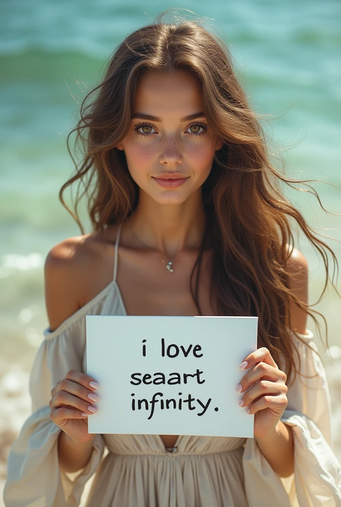 Beautiful girl with wavy long hair, bohemian dress, holding a white board with text "I Love Seaart Infinity" and showing it to the viewer