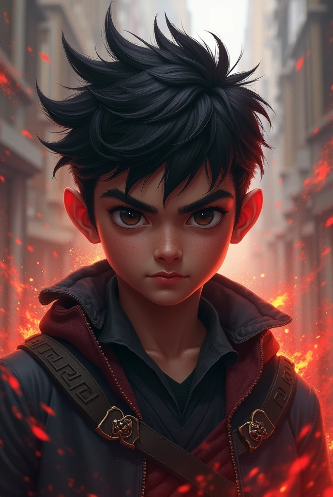 Male Young brown skin Short dark hair Dark eyes Round face Demon Slayer