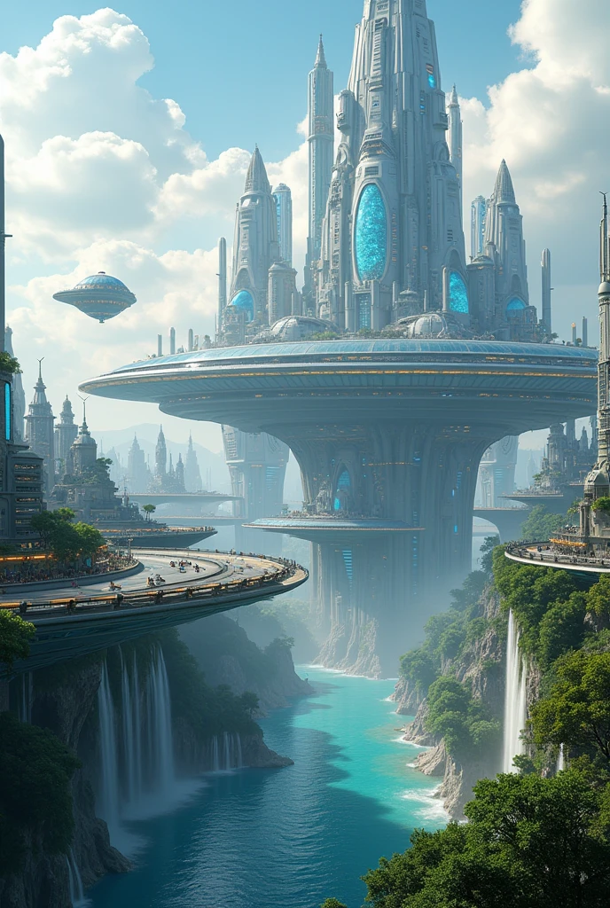 (best quality,4k,8k,highres,masterpiece:1.2),ultra-detailed,(realistic,photorealistic,photo-realistic:1.37),futuristic floating city,futuristic technology,city on a gigantic high-tech flat platform,airship,floating in the sky,futuristic city,small airship around,high-tech half-sphere platform,colorful lights,advanced architecture,modern buildings,skyscrapers,reaching the clouds,awe-inspiring view,urban landscape,impressive design,seamless integration with nature,dynamic and vibrant atmosphere,futuristic transport system,hovering vehicles,transparent pathways,lush greenery,hanging gardens,cascading waterfalls,magnificent skyline,reflection on the water,sparkling river,architectural innovation,futuristic skyscrapers,transparent domes,unusual shaped buildings,elevated walkways,impressive skyline,glowing lights,futuristic technology,minimalist design,scenic viewpoints,panoramic view,cloud-piercing towers,vibrant colors,epic sunrise,epic sunset,dazzling display of lights,magical ambiance,city of the future,urban utopia,luxurious lifestyle,innovative energy sources,sustainable development,smart city technology,advanced infrastructure,tranquil atmosphere,harmonious coexistence of nature and technology,awe-inspiring cityscape,unprecedented urban planning,seamless connection between buildings and nature,high-tech metropolis,cutting-edge engineering marvels,future of urban living,visionary architectural concepts,energy-efficient buildings,harmony with the environment,city floating above the clouds,utopian dreams turned reality,limitless possibilities,advanced transportation network,green energy integration,innovative materials,impressive holographic displays,advanced communication systems,breathtaking aerial views,peaceful and serene surroundings,modernist aesthetics,ethereal beauty