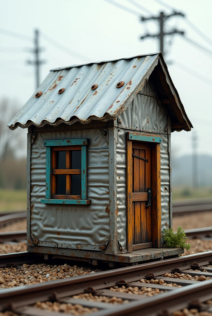 A tin house with a tin roof and walls made of sardine cans in front of a train track