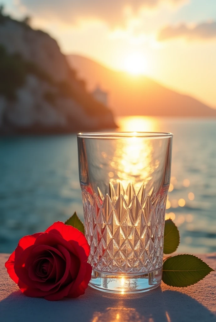 The sun in a crystal glass by the sea, against the background of the mountains, a classic regular shaped glass, open from above, down, Ao lado do copo, it is a red rose, High quality realistic photography