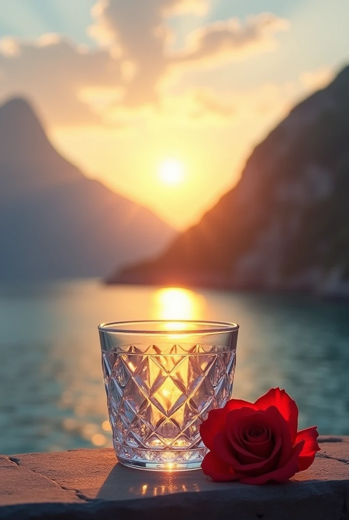 The sun in a crystal glass by the sea, against the background of the mountains, a classic regular shaped glass, open from above, down, Ao lado do copo, it is a red rose, High quality realistic photography