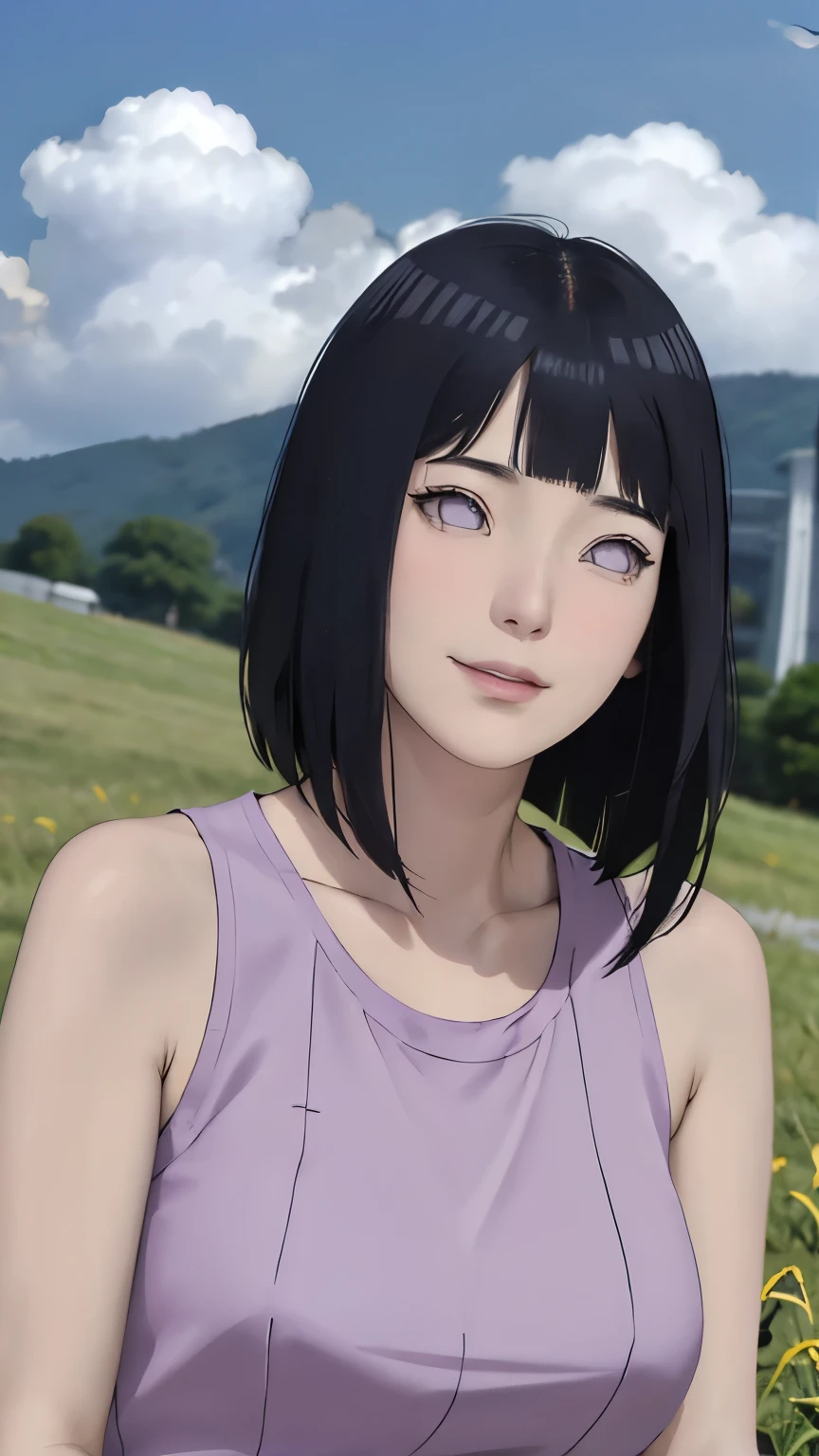 masterpiece、Hinata(bolt)、1 female、solo、China dress、Tank top、Looking up at the sky、scenery、grassland、Cloudy、Perfect composition、detailedな唇、Large Breasts、Beautiful Face、Body Proportions、blush、(Pink Lips)、Long Hair、Purple Eyes、Soft gaze、A shy smile、Ultra-realistic、detailed、photo shoot、Realistic face and body、Realistic Hair、Realistic eyes、Realistic nose、Realistic lips