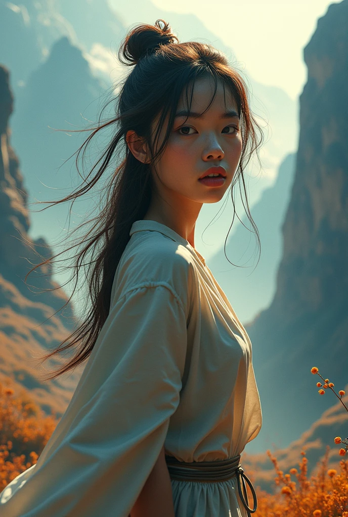 (RAW photos, best quality), (Practical, Photo Practical: 1.3), best quality, Very detailed, masterpiece, Ultra Detail, illustration, 1 girl, Dynamic Angle, World masterpiece Theater, messy_long_hair, best quality, Very detailed的 CG Unity 8k 壁纸, ink, Astonishing, Movie Lighting, lens_Flare, Full body portrait: 1.2, Dunhuang_style, flight: 1.2
