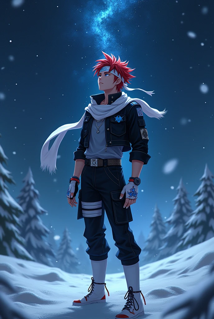 just 1 semi realistic man, super handsome man with seductive eyes, red hair with a hairstyle similar to that of the character Sasuke, but wearing a white bandana, with the symbol of a blue phoenix, very blue eyes, like heaven, muito claro, Asian, wears a beautiful short black jacket with cyan blue details, gray blouse, with a huge scarf tied around his neck, that crawls to the ground, black military style pants and white military boots, with red details, além de luvas brancas with red details sem dedos de material como couro, and a punk belt under the shirt. Make him look at the starry sky and the snow, going.
