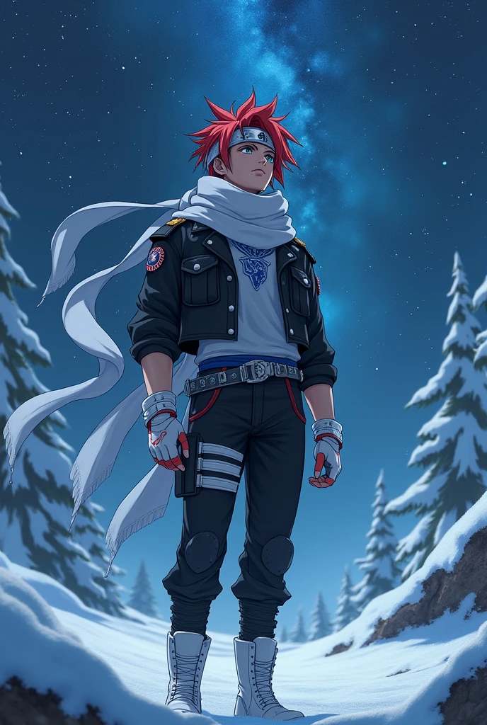 just 1 semi realistic man, super handsome man with seductive eyes, red hair with a hairstyle similar to that of the character Sasuke, but wearing a white bandana, with the symbol of a blue phoenix, very blue eyes, like heaven, muito claro, Asian, wears a beautiful short black jacket with cyan blue details, gray blouse, with a huge scarf tied around his neck, that crawls to the ground, black military style pants and white military boots, with red details, além de luvas brancas with red details sem dedos de material como couro, and a punk belt under the shirt. Make him look at the starry sky and the snow, going.