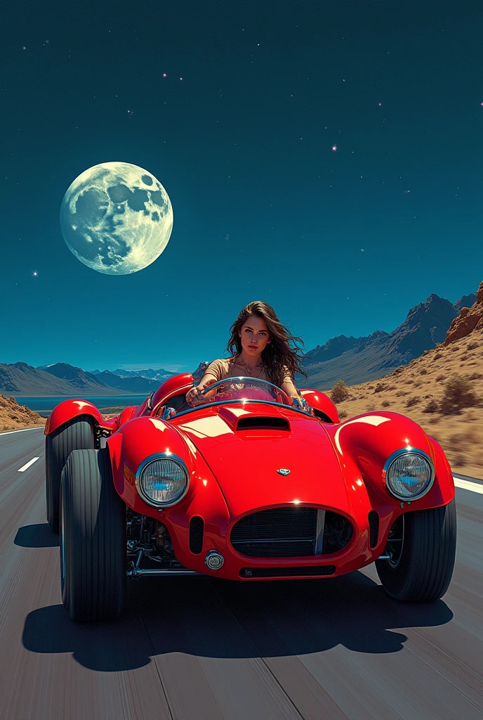 (masterpiece), (best quality), (The finest details), (Vision Overview), (Illustration main color: Bright saturated red), (Secondary Color: lapis lazuli), A woman with an arrogant attitude driving a red racing car, very detailed chassis, Future Western Scenery, night (Many stars, moon), shadow (detailed, Strong contrast), The pulp color is very saturated