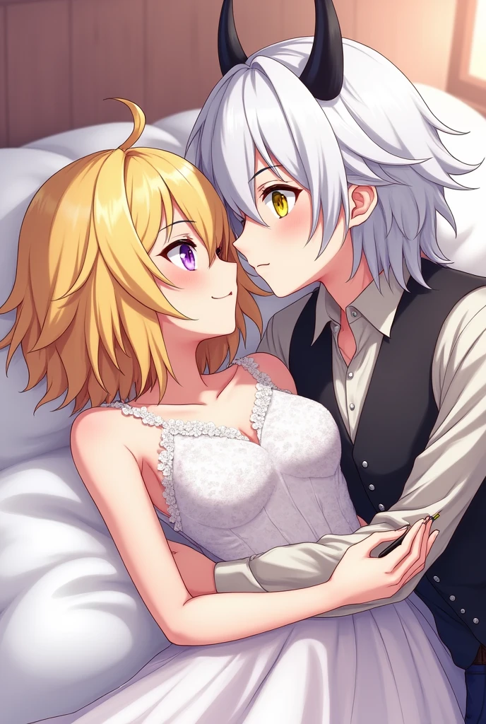 anime style manwha woman , Blonde Short hair, purple eyes, with wedding dress,  with a man with white hair , and horned, yellow eyes, Black toothpick,  Lying in bed and kissing   , icon format 