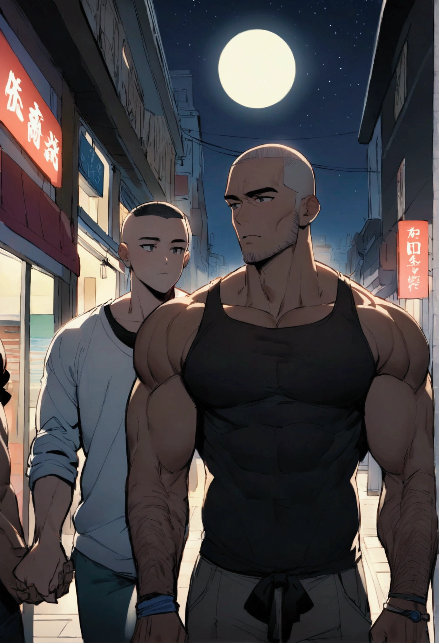 Highest quality、masterpiece、(Two manly men:1.5)、(Shaved head:1.2)、On the left is a muscular man with black hair wearing a tank top、On the right is a clothed, muscular young man with grey hair、Adjacent in the center of the screen、Holding hands、I&#39;m shopping、Shopping street at night、full moon、Starry Sky、Gay