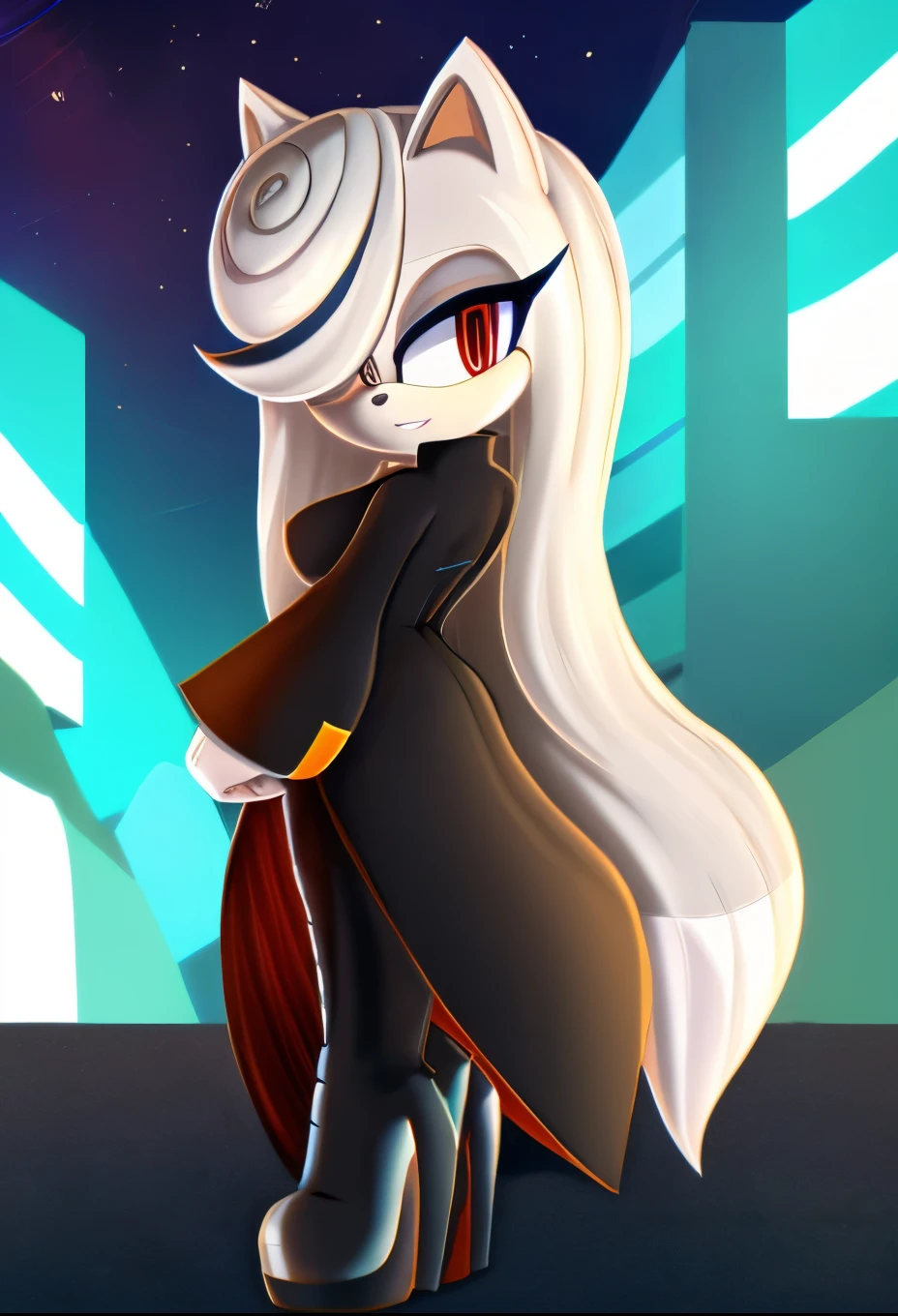 sageai, female, Female Kitsune, ((Sage as a Mobian Kitsune)), white fur, fox ears, ((long hair)), ((lower back length hair)), white hair, multicolored hair, (hair over one eye), red eyes, (fox-like tails), ((black dress)), (full skirt black dress), ((white zipper-like stripe down center of dress)), standing, blank expression, ((lab background)), medium breasts, (long sleeves), eggmaam styled black dress, eggmaam cosplay, eggmaam uniform, black pants with high heeled boots attached, Eggmaam styled boots, daytime, (mobian), Mobius city, solo, 1girl, score_9, score_8_up, score_7_up, ((Masterpiece)), high quality, studio quality,