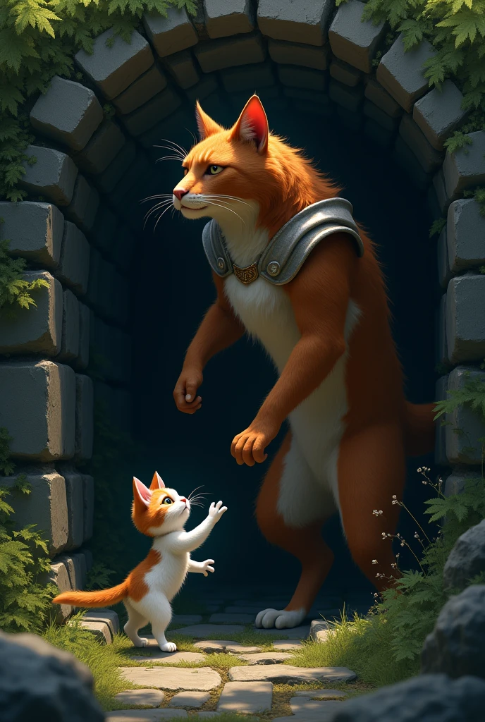 The father cat, tall and muscular with deep brown fur, and the mother cat, elegant in a silvery grey gown, race through the forest alongside the kitten. In a shadowy forest, the father cat, tall and muscular with deep brown fur, carefully descends into a dark, abandoned well to rescue the happy kitten. His determined expression and powerful limbs contrast with the dark, moss-covered walls of the well. At the bottom, the happy kitten, with its snow-white fur and patches of orange, looks up with a mix of fear and hope as the father cat reaches it. The scene captures the tense yet hopeful moment of rescue, rendered in a medieval Pixar style, highlighting the dramatic contrast between the father cat’s bravery and the well’s foreboding darkness.
