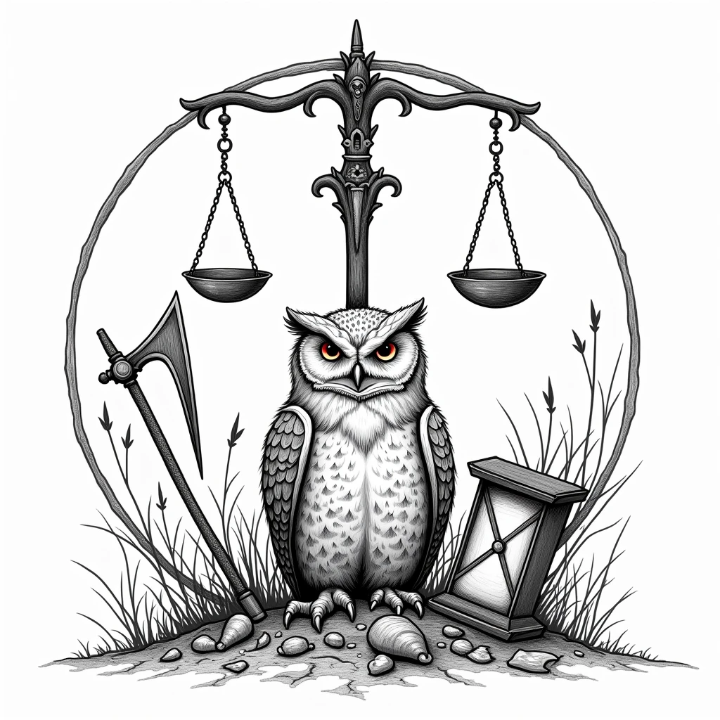 death,An owl, A WORLD,a scythe, a scale, A sand clock, all in a circle,black and white drawing , stamp containing all of the above, simple drawing
