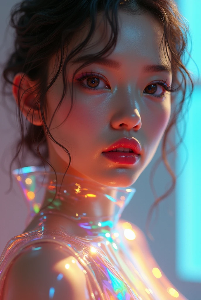 She was wearing a transparent plastic dress that reflected rainbow colors., Beautiful attention to detail, Beautiful lip detail, Very detailed目と顔, Long eyelashes, Realistic, 8k, high quality, masterpiece, Very detailed, Vibrant colors, Studio Lighting, Physically Based Rendering, Digital Art, Concept Art