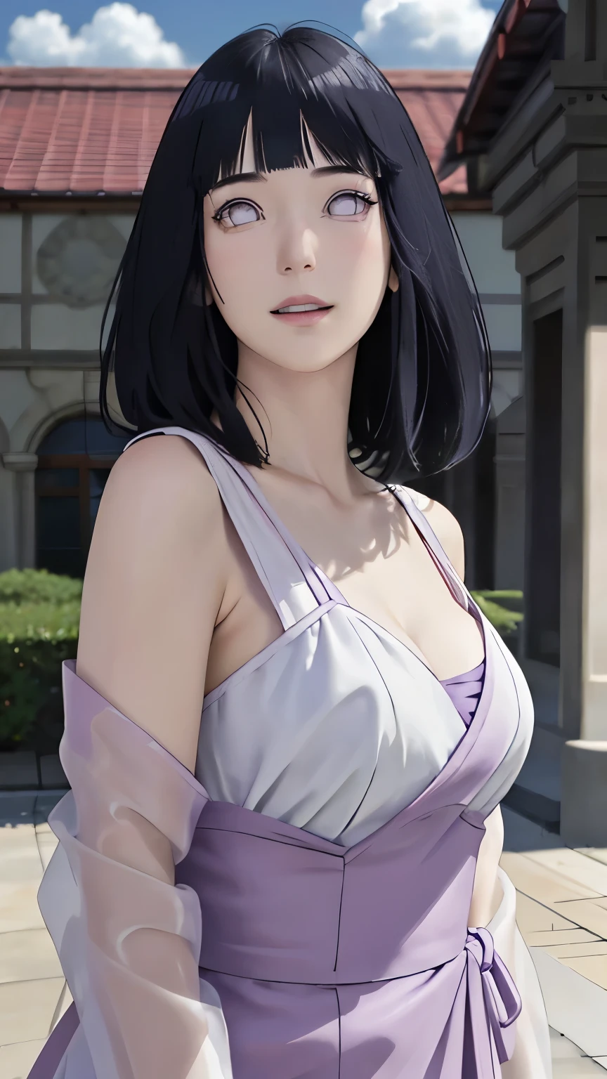 masterpiece、Hinata(bolt)、1 female、solo、Mature beautiful woman、Wedding dress、scenery、grassland、Clear skies、cumulonimbus、Perfect composition、detailedな唇、Large Breasts、Beautiful Face、Body Proportions、blush、(Pink Lips)、Long Hair、Purple Eyes、Soft gaze、smile、Ultra-realistic、detailed、photo shoot、Realistic face and body、Realistic Hair、Realistic eyes、Realistic nose、Realistic lips