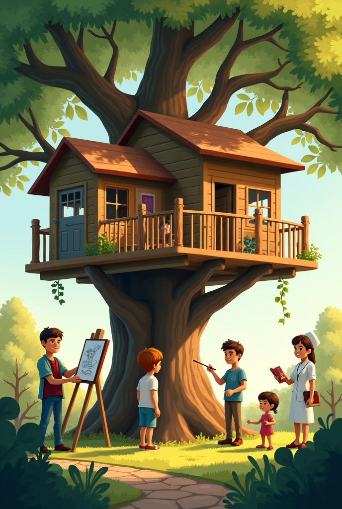 The father building his son a treehouse, then at the side the artist drew the child a picture, then another side the nurse gave the patient some medicine, then in the middle the librarian offered the children some books.