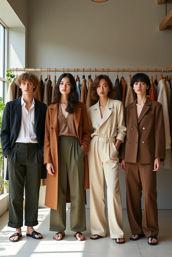 I want an image of different stylish masculine and feminine clothes for men and women that are environmentally friendly., for sale3 on hangers pants, Dresses, Jackets