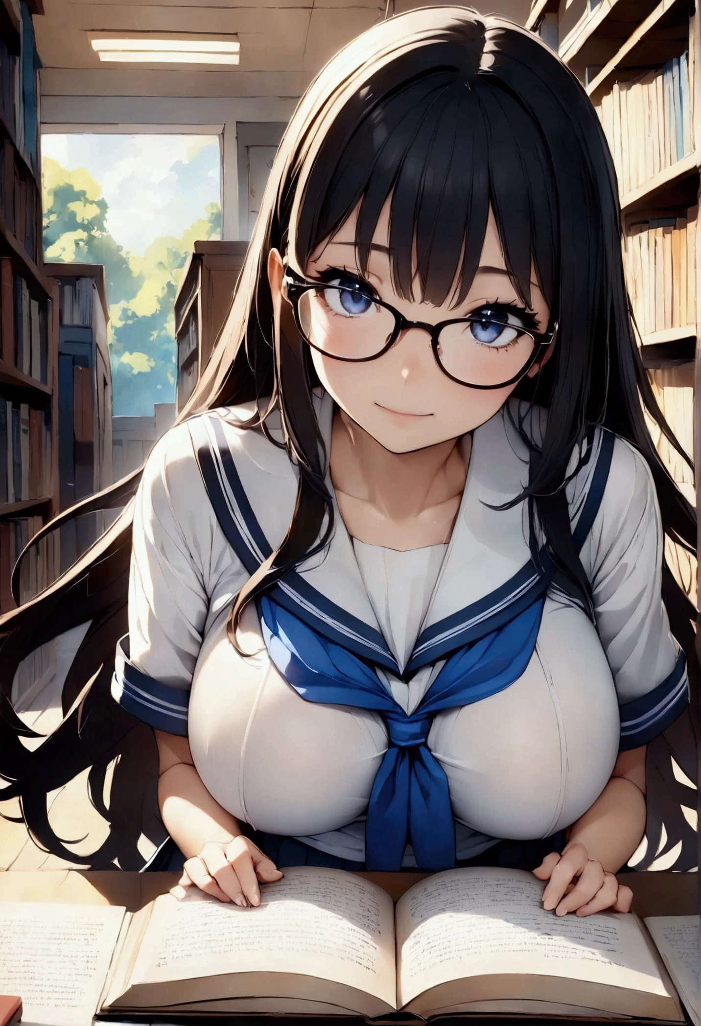 高いquality illustration, masterpiece, Very delicate and beautiful, masterpiece, Highest quality, High resolution, Very detailed, Perfect lighting、1 female、Very young、cute、(Wavy Long Hair)、Black Hair、Big Breasts、Blue ribbon、Glasses、white short sleeve sailor uniform、Navy blue pleated skirt、library、Library、Book棚、Book、desk、Bookを見る、