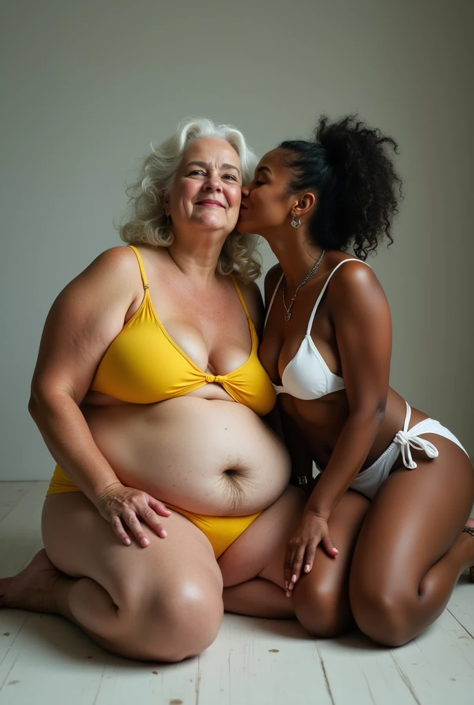 a chubby white old woman 8 with pretty face wearing a very small yellow string bikini that is clearly too small for her, she have a lot of pubic hair near her navel, no makeup, barefoot with dirty feet from walking, raising a hand to reveal some underarm hair, she is sitting on the floor high quality studio lighting photograph with excellent details
She is accompanied by a very young and thin African American woman in a small white bikini who gives her a kiss on the cheek