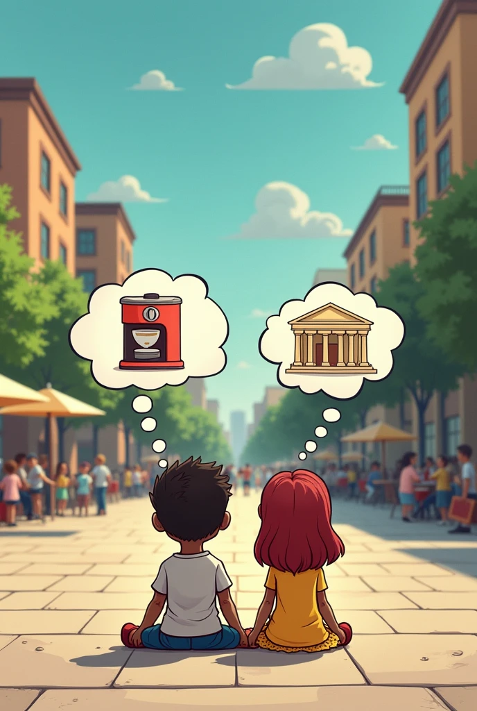 Make a picture of a couple in the shape of a child's stick figure, sitting in the middle of the square on the ground watching a movie outdoors in the square, make an imagination balloon of her thinking about the coffee maker, and he's thinking about the museum He's black with very short hair, she is brown with dark red hair