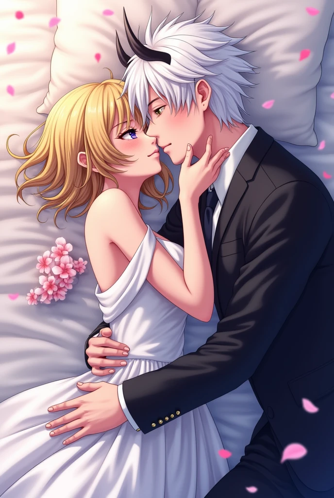 anime style manwha woman , Blonde Short hair, purple eyes, with wedding dress, with a man with white hair , and horned, yellow eyes, Black Suit, Lying in bed and kissing , icon format