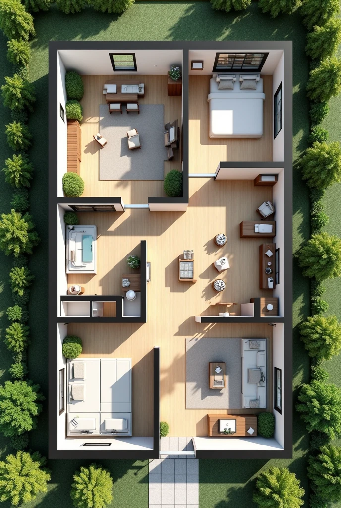 An interior plan from above view of a house, that the drawing be animated and contain the following rooms: living room, dining room,  kitchen , room, Bathroom (al lado del room), room de aseo, penthouse (followed by the toilet) and a large front garden