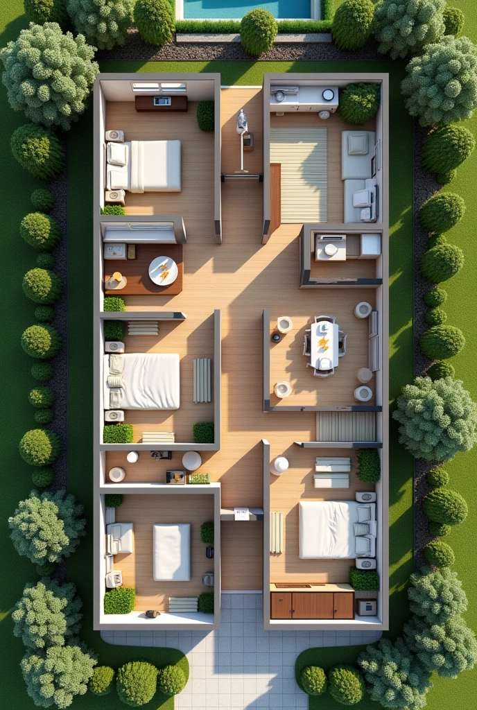 An interior plan from above view of a house, that the drawing be animated and contain the following rooms: living room, dining room, kitchen , room, Bathroom (al lado del room), room de aseo, penthouse (followed by the toilet) and a large front garden