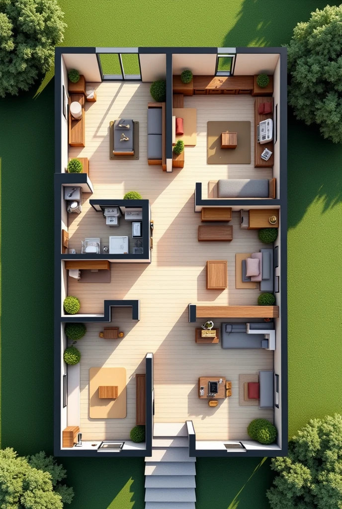 An interior plan from above view of a house, that the drawing be animated and contain the following rooms: living room, dining room, kitchen , room, Bathroom (al lado del room), room de aseo, penthouse (followed by the toilet) and a large front garden