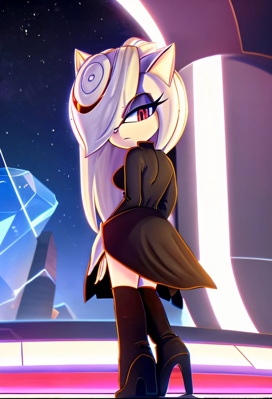 sageai, female, Female Kitsune, ((Sage as a Mobian Kitsune)), white fur, fox ears, ((long hair)), ((lower back length hair)), white hair, multicolored hair, (hair over one eye), red eyes, (fox-like tails), ((black dress)), (full skirt black dress), ((white zipper-like stripe down center of dress)), standing, blank expression, ((lab background)), medium breasts, (long sleeves), eggmaam styled black dress, eggmaam cosplay, eggmaam uniform, black pants with high heeled boots attached, Eggmaam styled boots, daytime, (mobian), Mobius city, solo, 1girl, score_9, score_8_up, score_7_up, ((Masterpiece)), high quality, studio quality,