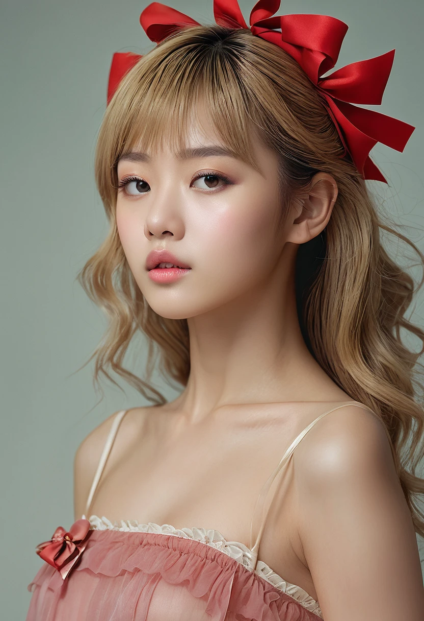 1 girl, Looks about , Height about 140 cm, flat chest like a boy, covered erect nipples, Beautifully detailed face:1.3、((She has a big red bow in her hair, just like a doll...:1.6))、 ((very small flat chest:1.7)), wearing sheer lingerie, covered erect nipples, ((look forward to:1.6))、Pink Eyeshadow:1.6、((Looking into the camera:1.3))、Very beautiful Japanese idol portraits, Blonde Hair:1.7、
(RAW Photos, Highest quality), (Realistic, Realistic:1.4), (masterpiece),
Very delicate and beautiful, Very detailed, 2k wallpaper, wonderful, finely, Very detailed CG Unity 8k 壁紙, Very detailed, High resolution, Soft Light,
Beautiful detailed girl, Very detailed目と顔, Beautiful and sophisticated nose, Big beautiful eyes, Cinema Lighting,
(Simple and solid background:1.3),
(Blonde medium hair:1.5), (Parted bangs),
Complete Anatomy, Slender body, Very small breasts, Sensual look