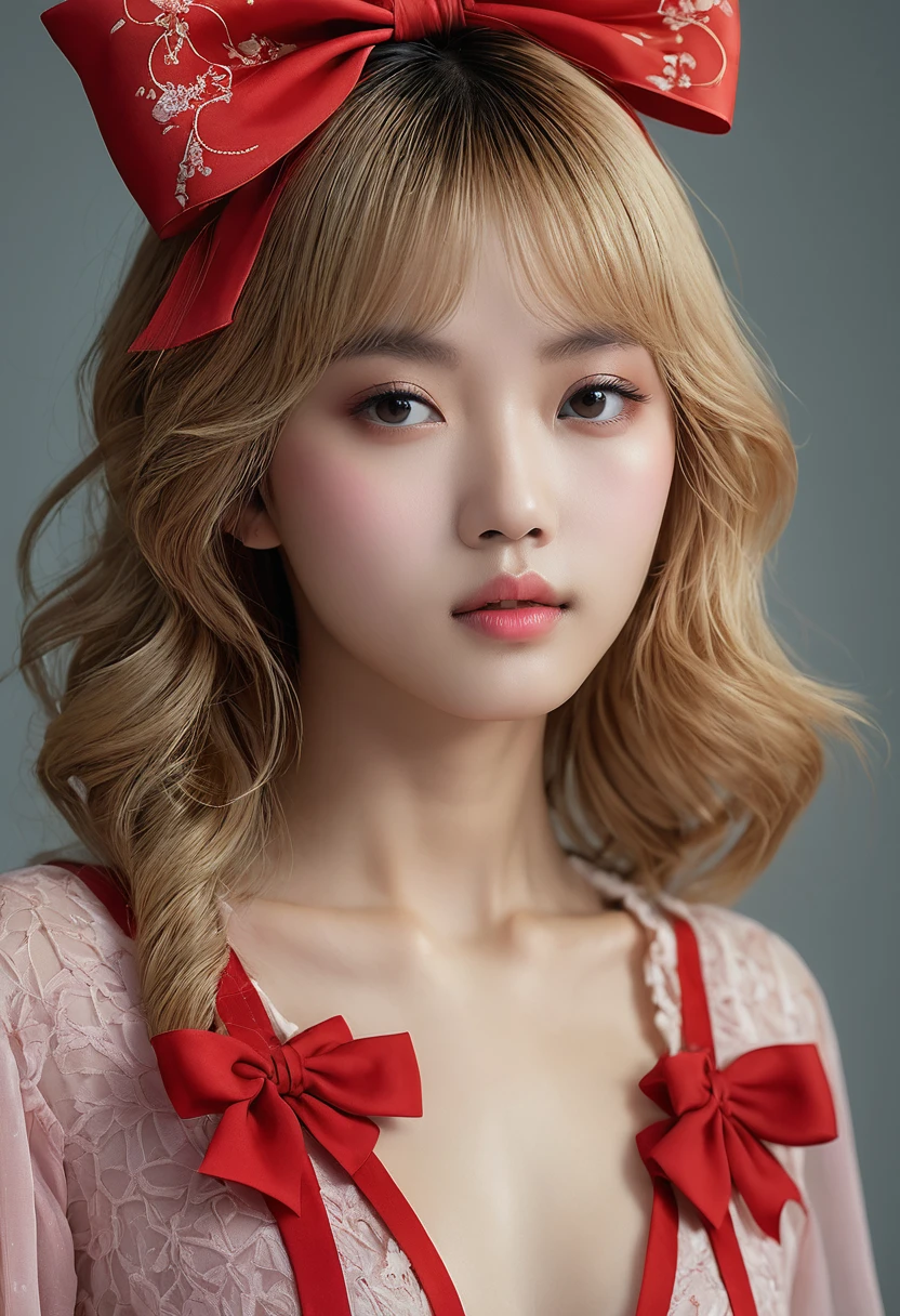 1 girl, Looks about , Height about 140 cm, flat chest like a boy, covered erect nipples, Beautifully detailed face:1.3、((She has a big red bow in her hair, just like a doll...:1.6))、 ((very small flat chest:1.7)), wearing sheer lingerie, covered erect nipples, ((look forward to:1.6))、Pink Eyeshadow:1.6、((Looking into the camera:1.3))、Very beautiful Japanese idol portraits, Blonde Hair:1.7、
(RAW Photos, Highest quality), (Realistic, Realistic:1.4), (masterpiece), 
Very delicate and beautiful, Very detailed, 2k wallpaper, wonderful, finely, Very detailed CG Unity 8k 壁紙, Very detailed, High resolution, Soft Light, 
Beautiful detailed girl, Very detailed目と顔, Beautiful and sophisticated nose, Big beautiful eyes, Cinema Lighting, 
(Simple and solid background:1.3),
(Blonde medium hair:1.5), (Parted bangs), 
Complete Anatomy, Slender body, Very small breasts, Sensual look