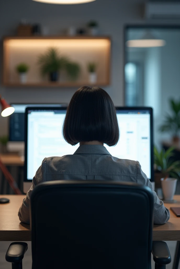 A programmer with bob haircut from behind