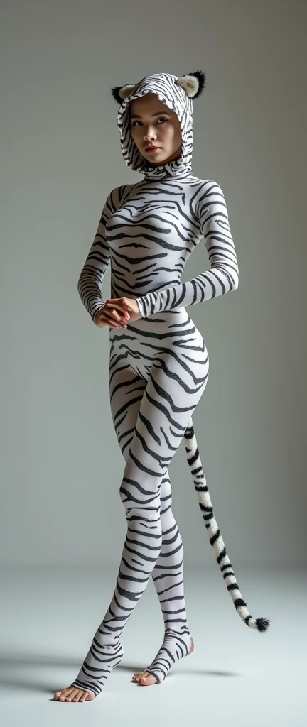 The most beautiful,thin,most pretty and clever Chinese contortion adult girl wears white tiger print lycra turtleneck unitard catsuit covered with many stripes.She always wear white tiger print lycra dancewear hijab-like zentai hood covered with many stripes.