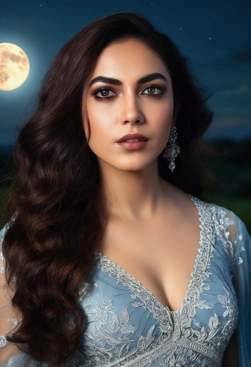 A beautiful woman standing in a moonlit landscape, (best quality,4k,8k,highres,masterpiece:1.2),ultra-detailed,(realistic,photorealistic,photo-realistic:1.37),detailed facial features,piercing eyes,full lips,long eyelashes,flowing hair,elegant pose,dramatic moonlit backdrop,mystical atmosphere,(fantasy,cinematic:1.2),ethereal lighting,cool toned color palette,chiaroscuro lighting, ritu