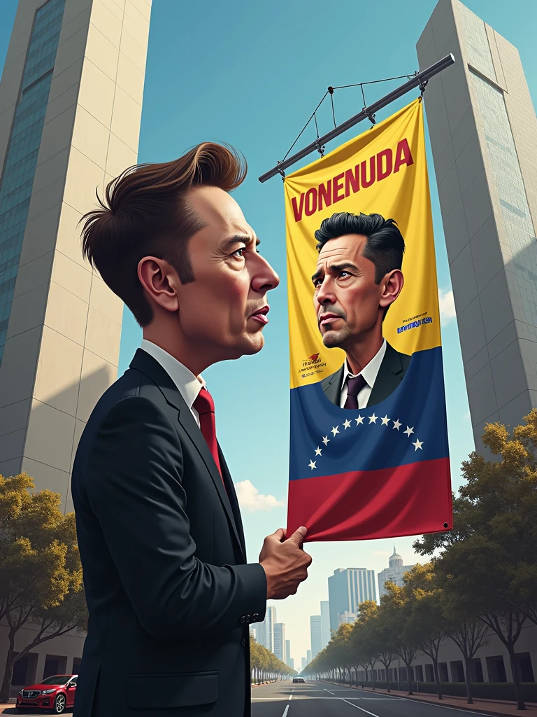 A caricature of Elon Musk telling Nicolás Maduro to stop censorship of X in Venezuela printed on a gigantic banner hanging from a tall building