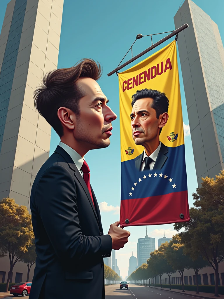 A caricature of Elon Musk telling Nicolás Maduro to stop censorship of X in Venezuela printed on a gigantic banner hanging from a tall building