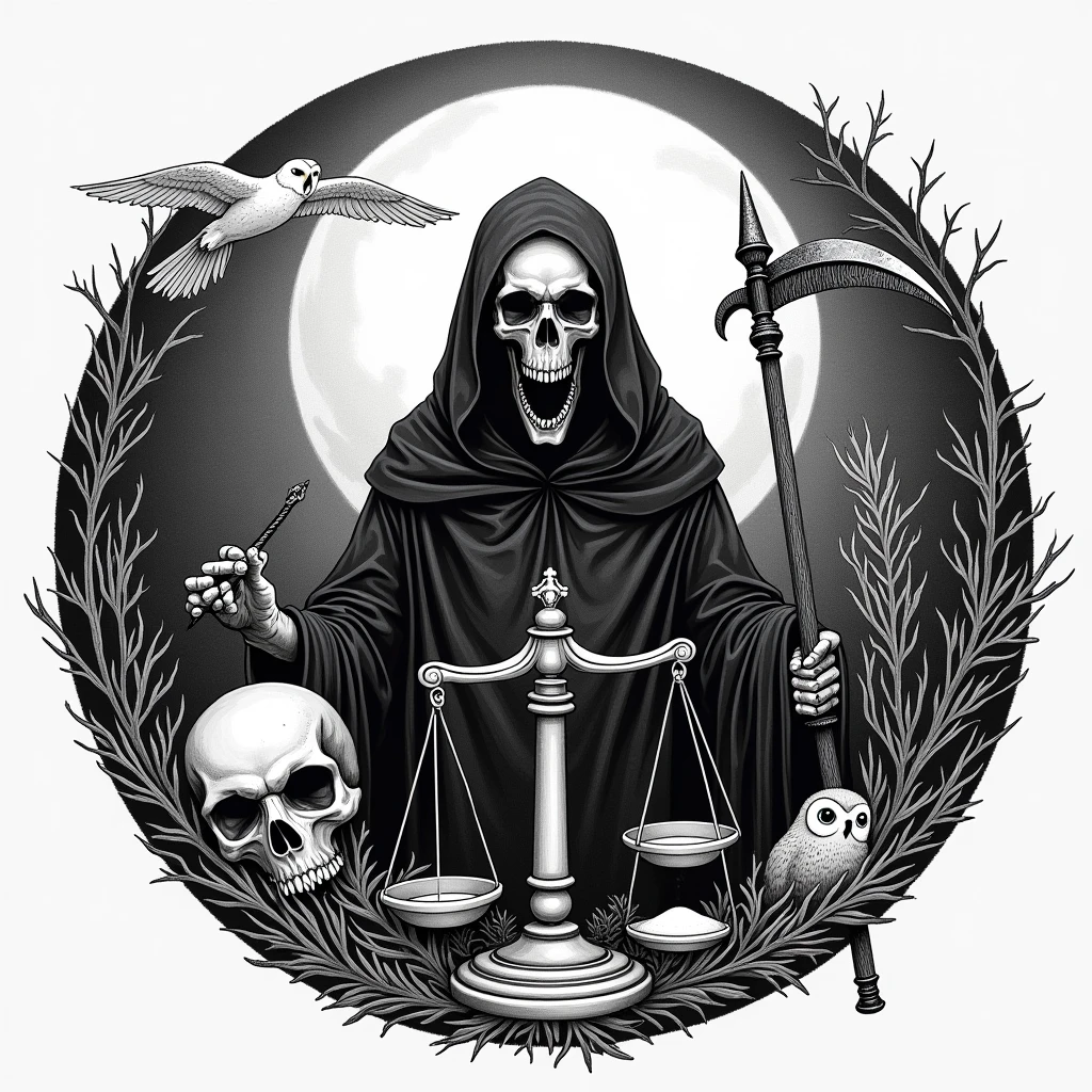 death,a skull,An owl, A WORLD,a scythe, a scale, A sand clock, all in a circle,black and white drawing , stamp containing all of the above, simple drawing