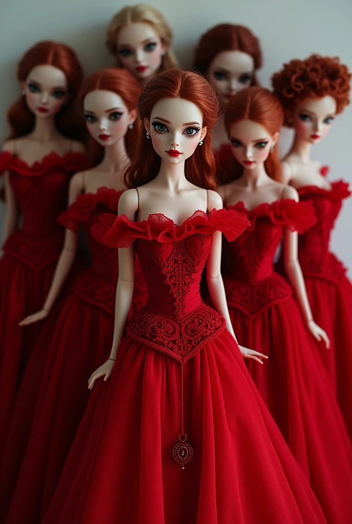 Several dolls dressed in red
