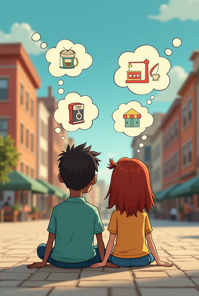 Make a picture of a couple in the shape of a child&#39;s stick figure, sitting in the middle of the square on the ground watching a movie outdoors in the square, make an imagination balloon of her thinking about the coffee maker, and he&#39;s thinking about the museum He&#39;s black with very short hair, she is brown with dark red hair