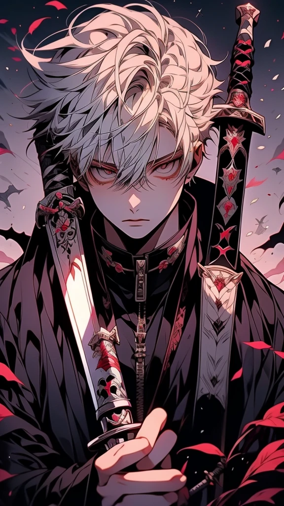 Anime style image of a man holding a sword and a flower, Gray-haired deity, White Fox Anime, akiyuki shinbou, Handsome Japanese Devil Boy, White fox, Beautiful male grim reaper, hijikata toushirou of gintama, kaneki ken, Hajime Yatate, Gray-haired