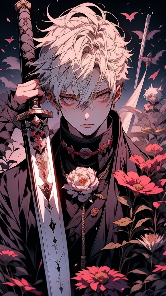 Guillotine Cross 1 คน, white hair, purple eyes, Hand holding a scientific flask, Moderate breath , Black robe, scarf, science laboratory background, medicine stall, His right hand holds a vial of Potions. , Clear Red Crystal Potions Skull Shaped Test Bottle, light particles, Magical light, daytime, Masterpiece